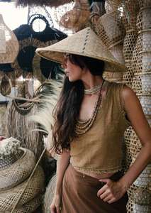 premium Earthy Ochre Raw Edge <b>Linen</b> Crop <b>Top</b> Handcrafted Beaded Neckline Sleeveless <b>Linen</b> Blouse High Quality Organic Fibers - Product Image 3