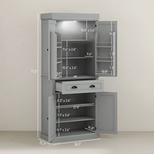 71-Inch Gray <b>Kitchen</b> <b>Pantry</b> Storage Cabinet with LED Lights 6 Door Shelves 1 Drawer 4 Adjustable Shelves - Product Image 3