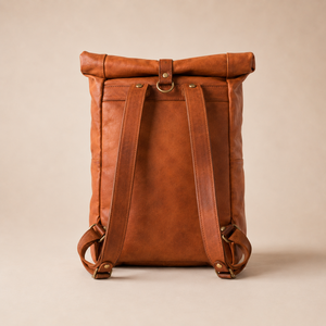 Vintage Tan Leather <b>Roll</b> <b>Top</b> <b>Backpack</b> Travel Laptop Bag Casual Rucksack with Buckle Zipper Pocket for Men Women - Product Image 2