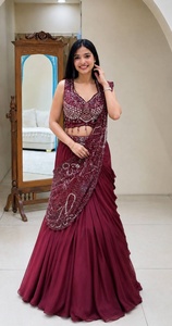 Sari de soirée bordeaux le plus vendu avec broderies et sequins, entièrement cousu, sari ethnique de créateur pour femme - Product Image 2