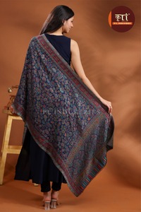 Indigo Floral Paisley Border Pure Wool Solid Color Winter Daily Wear Warming Breathable Shawl <b>Pashmina</b> <b>Scarf</b> for Women - Product Image 6