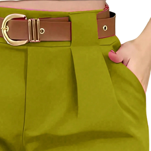 Pantalones Cortos Bermuda Casuales para Mujer, Corte Holgado, Transpirables, de Secado Rápido, Tejido 100% Poliéster, Cintura Alta, Cierre de Cremallera, Bolsillos, Cinturón, Primavera - Product Image 4