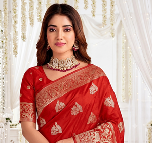 Sari de Seda Roja con Bordado Dorado, Traje Tradicional Indio para Bodas, para Mujer, Largo hasta el Suelo, Corte Regular, para Todas las Estaciones, Protección Solar - Product Image 3