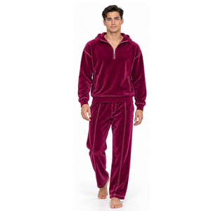 Ensemble de survêtement en velours pour homme, sweat à capuche demi-zip, pantalon droit avec coutures contrastées, poches latérales, deux pièces, tenue décontractée - Product Image 1