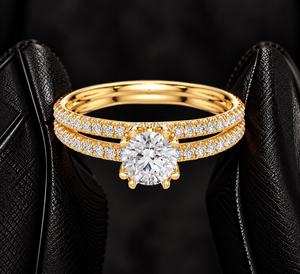 แหวนเพชรทรงกลมเพาะเลี้ยงในห้องปฏิบัติการ ทอง 14K 18K แบบโซลิแทร์สองแถว 0.85 กะรัต DEF VVS ประดับเพชรแบบ Pave ดีไซน์แยกก้าน แหวนแต่งงานสำหรับเจ้าสาว ODM - Product Image 1