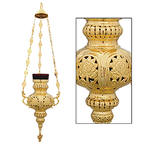 Lampe de sanctuarium suspendue en laiton avec bougie chauffe-plat en verre rouge |   Lampe de veilleuse d'église – DOUBLE VEE EXPORTS - Product Image 1