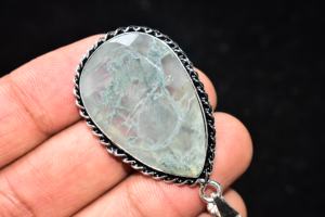 Colgante de Ágata Musgosa Chapado en Plata, Cabujón de Ágata Musgosa, Colgante de Ágata Musgosa con Corte Rosa - Product Image 3