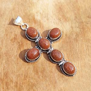 Pendentif Croix en Laiton Fait Main, Pierre de Sable Dorée Naturelle, Vintage, Unisexe, Plaqué Argent Antique, Bijou Cadeau à Bas Prix - Product Image 2