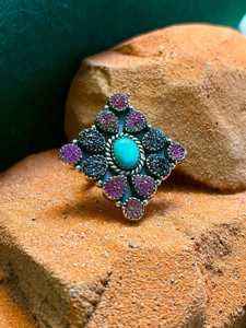 Handmade Turquoise Purple Black Druzy Cluster <b>Adjustable</b> <b>Ring</b> Sterling Silver Boho Southwestern Statement Jewelry Gift for Her - Product Image 1