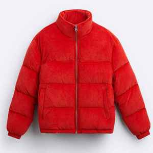 เสื้อแจ็คเก็ตพัฟเฟอร์สีแดง ยูนิเซ็กส์ สำหรับฤดูหนาว สไตล์ลำลอง คอตั้ง ปิดด้วยซิป บุด้วยใยโพลีเอสเตอร์หนา สีพื้น ทรงปกติ - Product Image 1