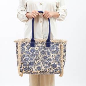 Sac fourre-tout bohème en jute avec motif floral, poignées bleues, ouverture supérieure, 39x32x15cm, pour le shopping, sac fourre-tout personnalisé en toile 100% coton - Product Image 3