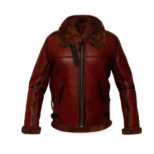 Abrigo de Piel de Oveja Genuina Marrón para Hombre con Cuello de Piel y Cremallera, Abrigo de Invierno - Product Image 1