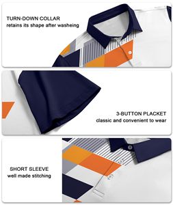 Men's Short Sleeve <b>Polo</b> <b>Shirt</b> Geometric Print Quick Dry Sporty Knitted Polyester <b>Navy</b> White Orange Contrast Collar - Product Image 3