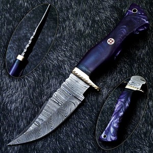 Cuchillo de Caza de Acero de Damasco de Grado Industrial Hecho a Mano Personalizado, Hoja de Punta Caída, Borde Recto, Mango Morado OEM, Uso en Exteriores - Product Image 1