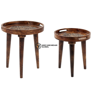 <b>Round</b> Wooden Tray Top Nesting Tables Set of 2 with Handles – Rustic Serving Style Side Tables for Living Room & Bedroom - Product Image 1