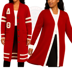 Cárdigan largo de punto rojo personalizado de la hermandad Delta Sorority con rayas blancas, suéteres para mujer con logo de letras griegas, manga larga con botones, estilo preppy. - Product Image 1