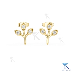 Lab Grown Diamond 3-Stone Leaf Sprig Botanical Branch Motif 18K Solid Gold <b>Stud</b> Earrings for Women Bridal Gift - Product Image 4