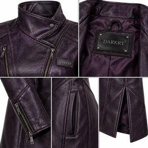 Manteau long asymétrique en cuir violet foncé sur mesure pour femme avec col montant et fermeture éclair – Fabricant OEM - Product Image 6