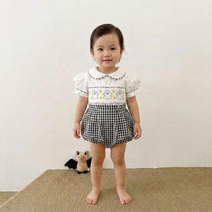Combinaison d'Halloween pour filles avec broderie fantôme, col Peter Pan, manches bouffantes, robe mini en coton à carreaux, tenue d'été - Product Image 1