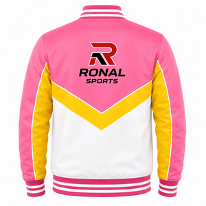 RONAL SPORTS <b>Men's</b> Color Blocking Varsity <b>Jacket</b> Pink Yellow <b>White</b> Zipper Front Sporty Style Turn-down Collar Regular Fit - Product Image 2