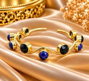 <b>Gold</b> Color Ethnic Cuff <b>Bracelet</b> Bangle with Gemstone Inlay Blue <b>and</b> <b>Black</b> Stones Wavy Design for Women Gift Party - Product Image 1