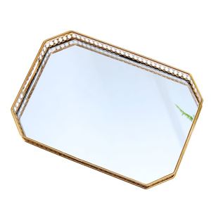 Wholesale Luxury <b>Octagonal</b> Gold <b>Mirror</b> Tray Bulk Hotel Serving Platter with Elegant Ornate Lattice Frame and Integrated Handles - Product Image 4