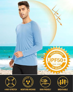 Chemises de bain pour hommes UPF 50+ Rash Guard bleu clair à manches longues, protection solaire UV, chemises de plage à séchage rapide, t-shirt de pêche - Product Image 3