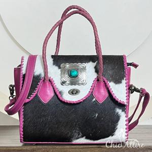 Sac fourre-tout en cuir véritable fait main avec fourrure de vache, nouveau sac à main décontracté pour femme en cuir véritable avec concho turquoise - Product Image 1