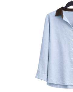 Conjunto de Dos Piezas para Mujer, Camisa Azul Claro Bordada y Pantalones Anchos Marrones, Atuendo Casual de Algodón y Lino, Ropa Holgada de Verano, OEM - Product Image 3