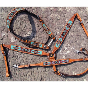 Best Quality Pure Leather <b>Equestrian</b> Western Riding Tack Handmade Beaded Headstall Breastplate With Custom Logo - Product Image 1