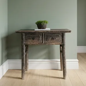 Antique Rustic Wood <b>Console</b> <b>Table</b> With Two Drawers Weathered Entryway <b>Desk</b> Living Room Furniture - Product Image 5