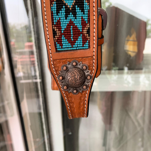 Ensemble d'attelage pour cheval occidental fait main en cuir floral gravé, avec têtière, collier de poitrage et rênes - Product Image 3