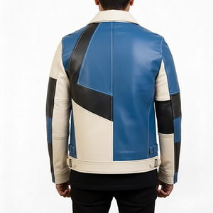 Veste en cuir véritable pour homme, style color block, veste d'hiver pour homme, col montant personnalisé de haute qualité, respirante et coupe-vent - Product Image 2