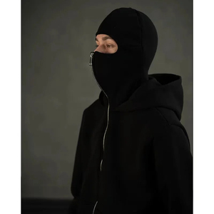 Sudadera con capucha y cremallera para hombre con máscara facial integrada, pasamontañas completo, estilo urbano, color liso, 100% algodón, para invierno - Product Image 2
