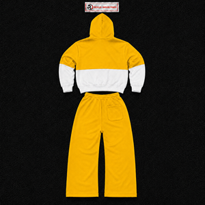 Yellow <b>White</b> Color Block Tracksuit <b>Men</b> Full Zip Hoodie With Matching <b>Jogger</b> Pants Premium Two Piece Sports Outfit Modern Casual - Product Image 6