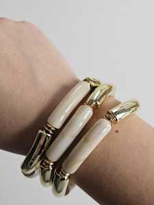 Ensemble de bracelets artisanaux en résine marbrée, empilables, avec perles en métal doré épais et tube en bambou, bijoux fantaisie - Product Image 3