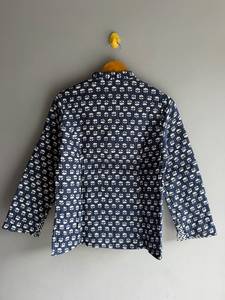 Chaqueta de algodón con estampado floral azul para mujer, cuello mandarín, abotonada, informal, manga tres cuartos, para todas las estaciones, regalo - Product Image 2