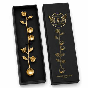 Trending Gold Garden Floral Spoon Gift Box Luxury Black Packaging Custom Logo Premium Cutlery For Hotel Restaurant Gift Sale Set - Product Image 3