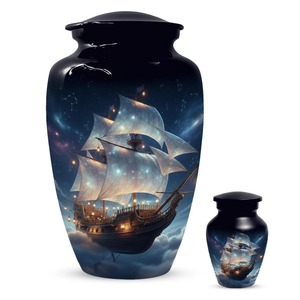Urna Funeraria Azul con Diseño de Velero para Cenizas de Adultos, con Bandas Grabadas en Plata, Urna Conmemorativa de Aluminio y Bolsa de Terciopelo Gratis - Product Image 2
