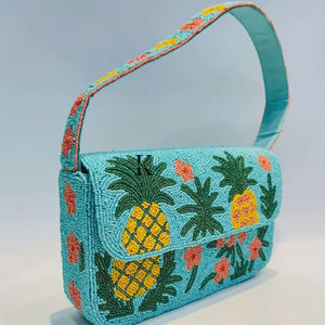 Bolso de Hombro de Cuentas de Semillas de Hibisco y Piña Tropical a Bajo Precio, Bolso de Solapa de Tela con Patrón de Frutas Turquesa para Verano, Moda Femenina - Product Image 1