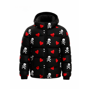 Chaqueta Acolchada Negra para Hombre con Estampado de Calavera y Corazón, con Capucha, Estilo Urbano, para Invierno, Ajuste Musculoso, OEM, Cremallera Personalizada, 300 Gramos, Impermeable - Product Image 2
