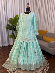 Conjunto de Lehenga Anarkali Maxi Bordado Verde Menta, Vestido de Satén con Mangas Largas y Volantes, con Dupatta de Tela de Red, para Bodas y Banquetes - Product Image 4