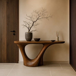โต๊ะคอนโซลไม้สไตล์โมเดิร์นพร้อมฐานทรงออร์แกนิกที่มีศิลปะ โต๊ะตกแต่งทางเข้าร่วมสมัยสำหรับห้องนั่งเล่นและโถงทางเดิน - Product Image 2