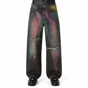 Jeans pour hommes personnalisés, noirs délavés, taille mi-haute, coupe ample, en denim épais, effet délavé par pulvérisation de couleur, style streetwear, vente en gros - Product Image 1