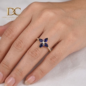 Bague de fiançailles en or massif 14 carats avec diamant de laboratoire et saphir bleu de laboratoire certifié IGI, bijoux fins de luxe pour femmes - Product Image 3