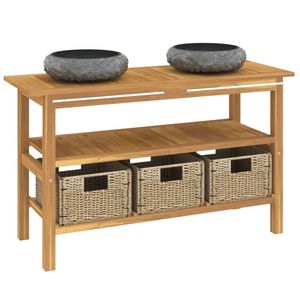 Mobiletto di vanità del bagno di Teak di legno solido con i lavandini di marmo nero - Product Image 3