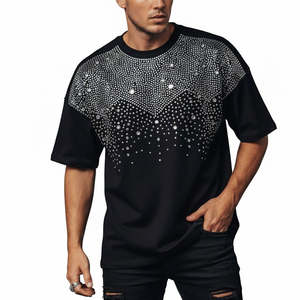 Chemises polo en coton lourd avec impression de rivets en strass personnalisés, t-shirts personnalisés de haute qualité, t-shirts pour hommes surdimensionnés avec strass - Product Image 1