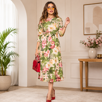 Bohobi Premium Luxuriöses Blumenprint Midikleid O-Ausschnitt Dreiviertelärmel A-Linie Lässige Streetwear Frühlingskleidung Gewebte Baumwolle