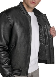 <b>Men's</b> Black PU <b>Leather</b> Bomber <b>Jacket</b> Stand Collar Button Closure Casual Style Autumn Wear Regular Fit Solid Color - Product Image 2