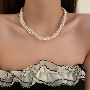 925 <b>Silver</b> Needle Wrapped Rice Bead <b>Earrings</b> Necklace Bracelet Set French Retro Light Luxury Collarbone <b>Chain</b> Pearl Necklaces - Product Image 1